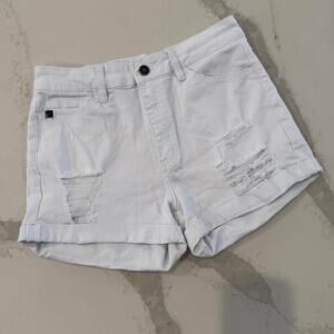 KanCan White Denim Distressed Jean Shorts High Rise Cuffed Pockets Women's 28